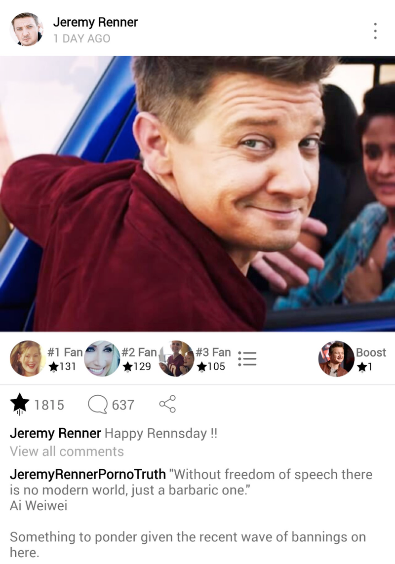 Creator of Deadspin Screenshot of the ensuing wave of fake profiles by Jeremy Renner.